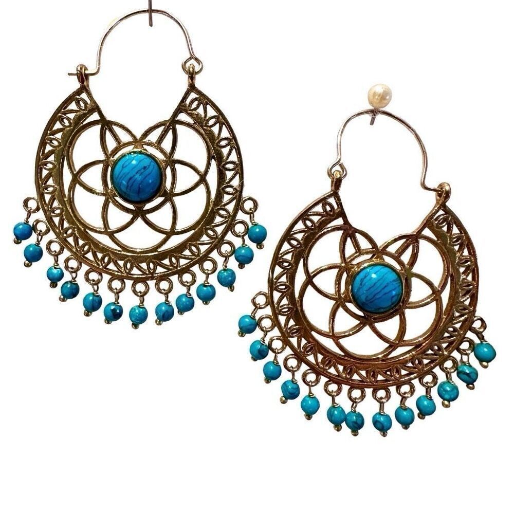 Gypsy Filigree Turquoise & Gold Earrings NWT